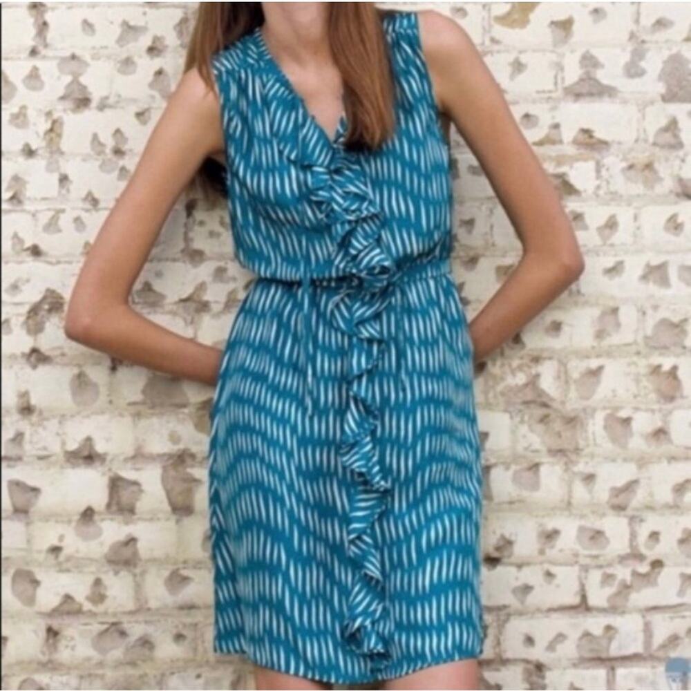 Anthropologie Lil Silk Ruffle Dress Women's Size 6 Teal & Cream Boho- no belt